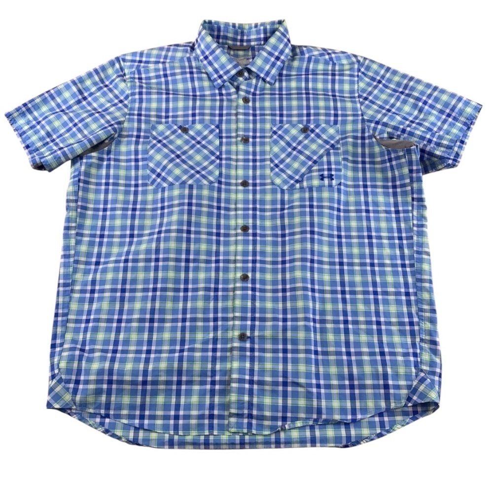 NWOT Mens Medium Lightweight Short Sleeve Green Blue Casual Button Up Golf